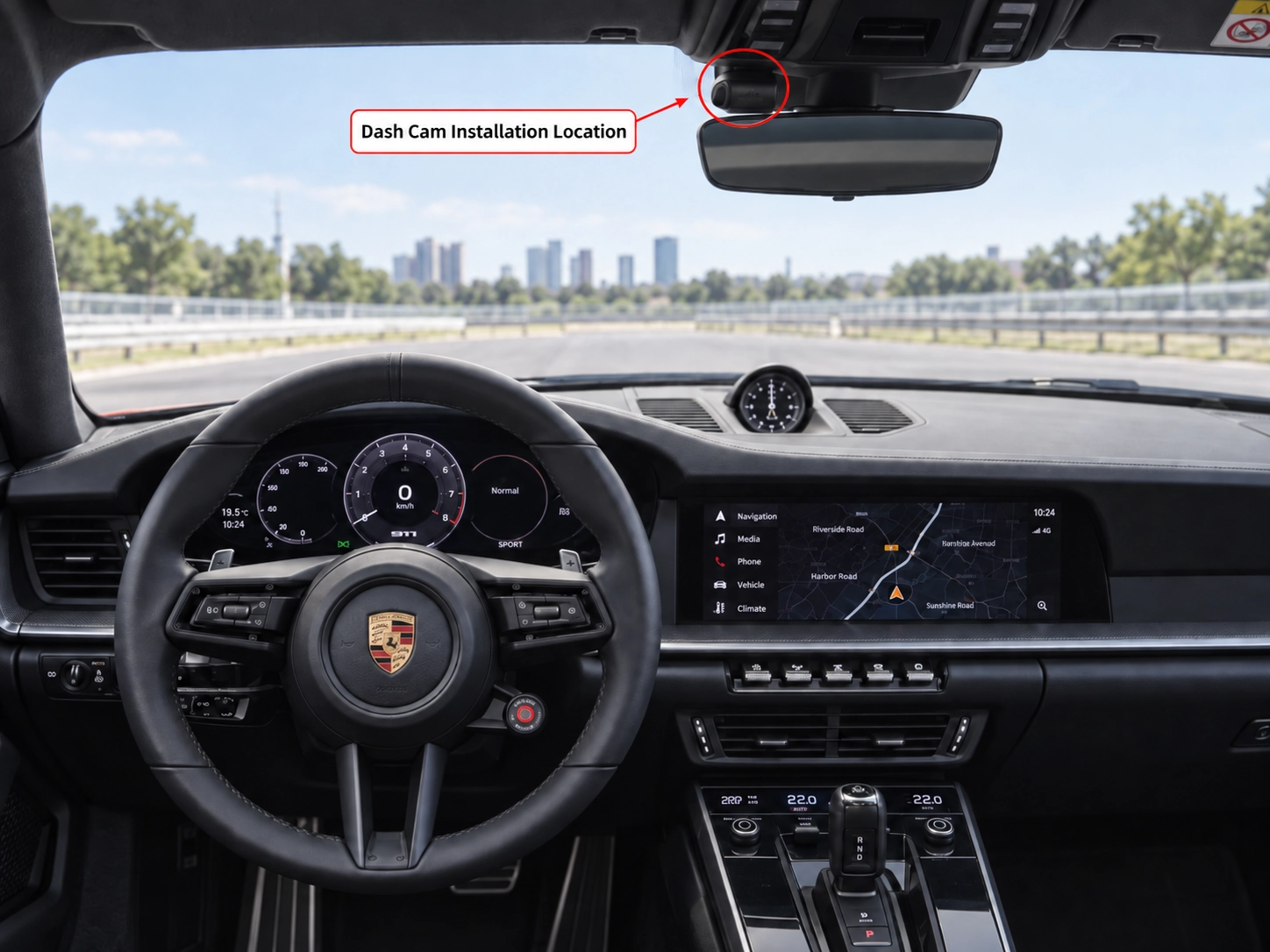 Porsche 911 cockpit interior view featuring rear view mirror placement for integrated dash cam installation Porsche 911 cockpit interior view featuring rear view mirror placement for integrated dash cam installation